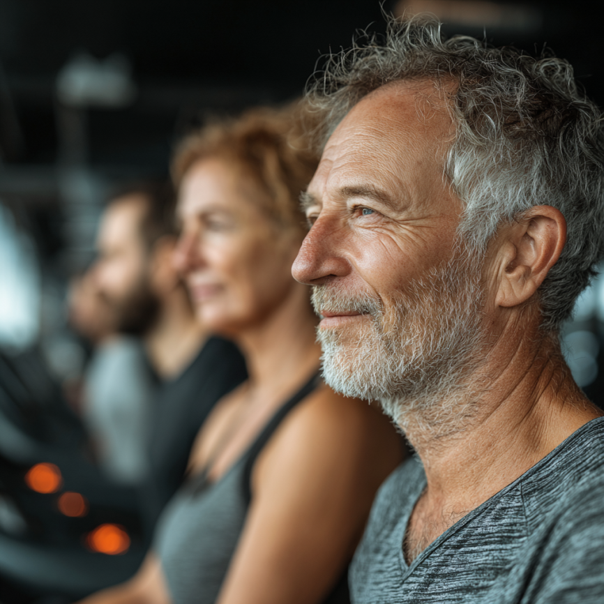 Seniori în sală de fitness cu trainer personal
